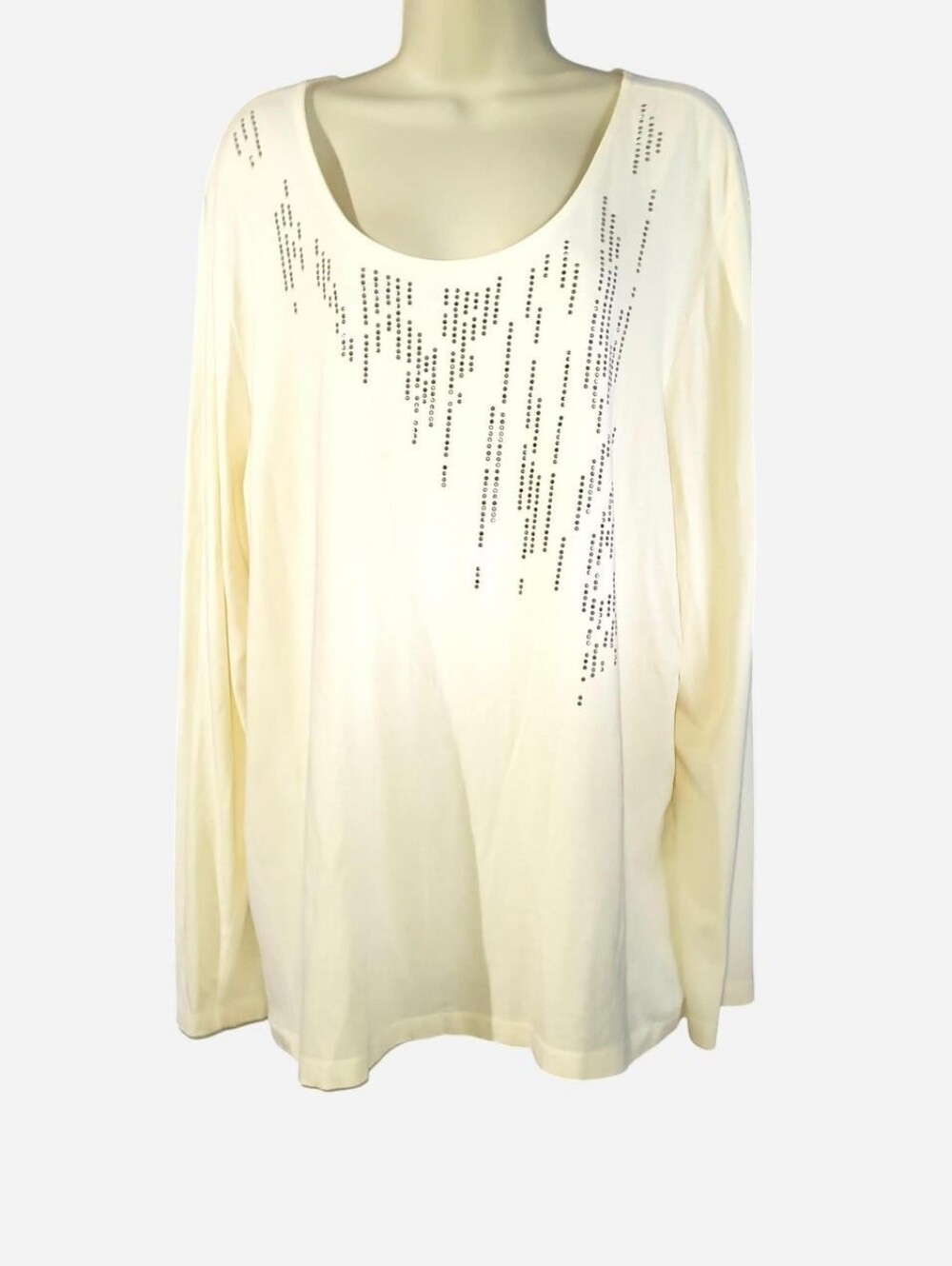 CJ Banks Cream Long Sleeve Scoop Neck Top with Subtle Stud Detail